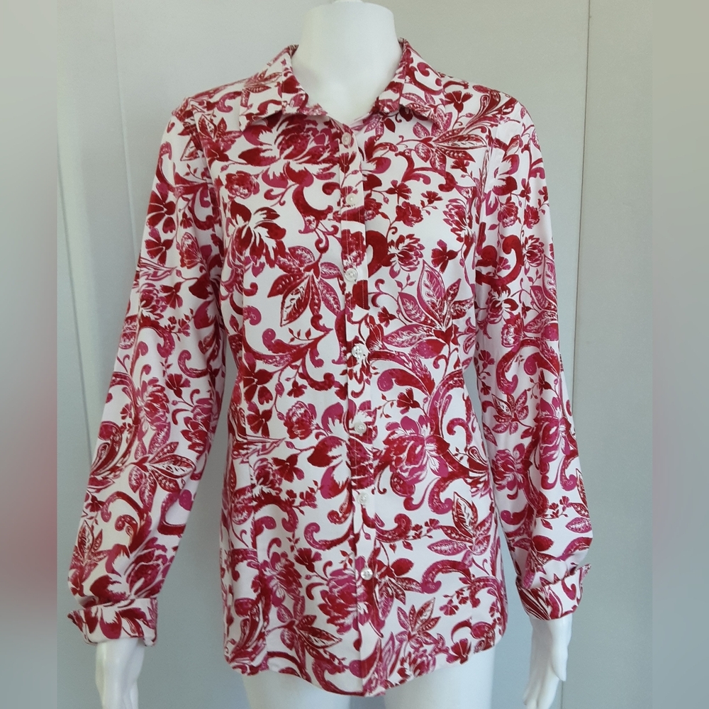 Chico's Red and White Floral Button-Down Shirt